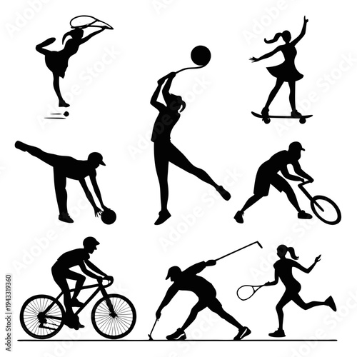 Silhouettes of people and a man riding a bicycle vector illustration