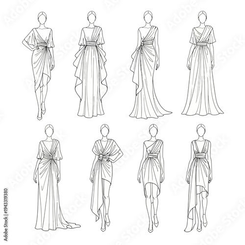 Collection of elegant draped gowns with flowing silhouettes, showcasing various styles of Grecian-inspired fashion.