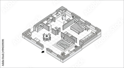 Isometric floor plan of a two bedroom apartment with furniture layouts