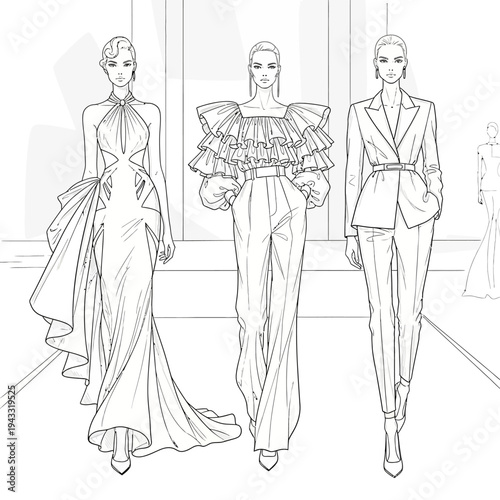 Fashion illustration of three elegant women in haute couture gowns and suits on a runway.
