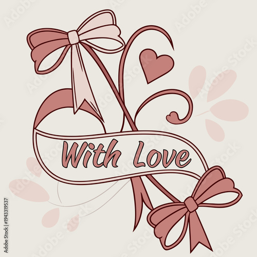 Cute Pink Ribbon Bow Illustration with Love Text