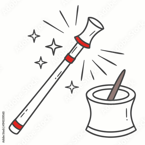 Magic wand doodle illustration with red accents and small stars, hand drawn wizard staff and mortar and pestle for potion making
