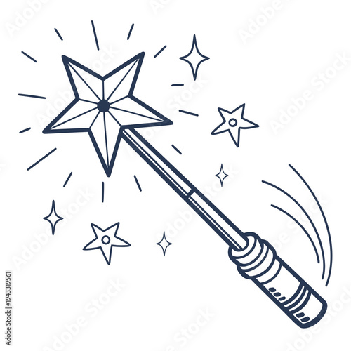 Sparkling magic wand doodle with star top and swirling motion lines, hand drawn illustration of an enchanting fairy stick or wizard s tool