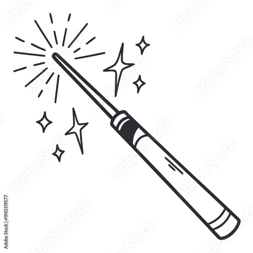 Simple black and white magic wand with sparkles, minimalist line art illustration for design, celebration and magic concept, thin lines