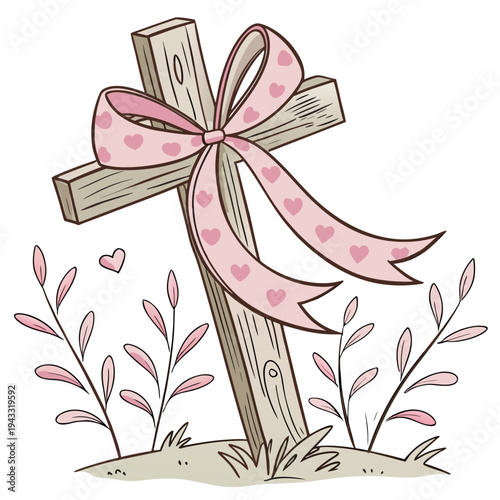 Cute Pink Ribbon Bow Illustration with Love Text