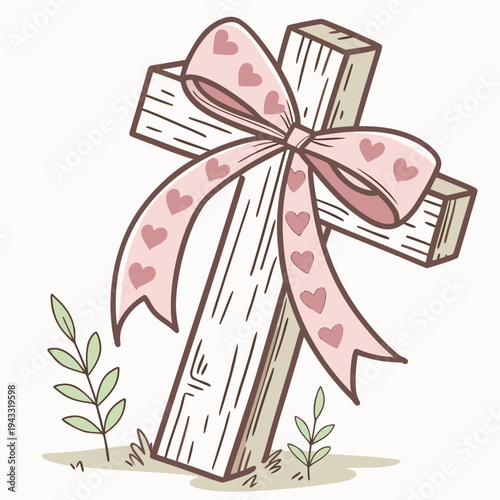 Cute Pink Ribbon Bow Illustration with Love Text