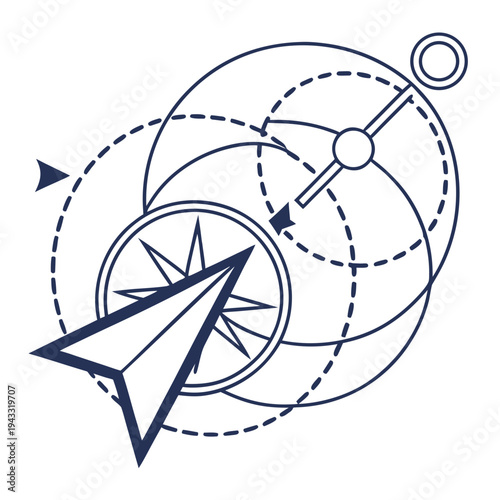 Abstract navigation concept with compass pointer and orbits, geometric design symbolizing direction and journey, exploration and planning elements, modern art
