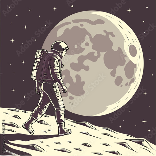 Cartoon astronaut standing on the moon in space under a starry night sky vector illustration