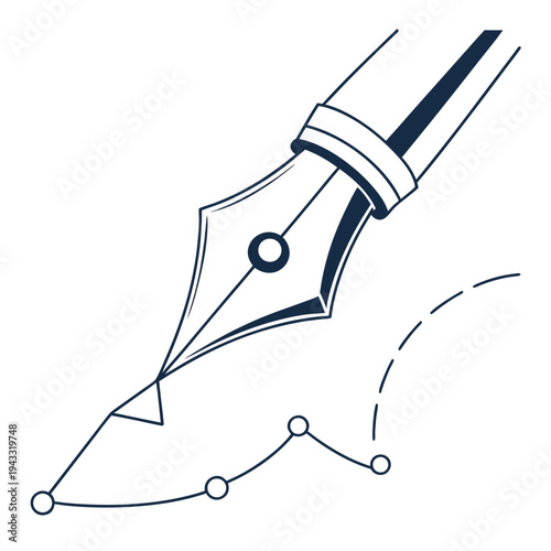Professional fountain pen nib drawing precise path line with nodes and curves as metaphor for graphic design vector illustration isolated on white