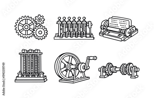 Line style vector icons of 19th-century mechanical computer: cogged-gear assembly, lever-frame motif, punched-card reader, column