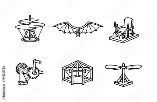Line style vector icons of Leonardo’s flight mechanisms: aerial-screw outline, ornithopter-wing motif, pilot-seat symbol,