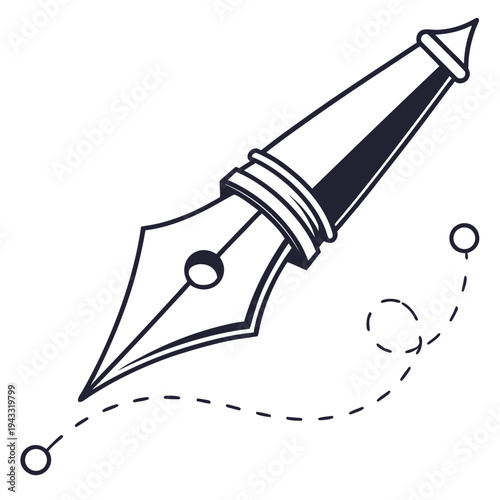Fountain pen nib stylized drawing with dashed line and circles representing creative process