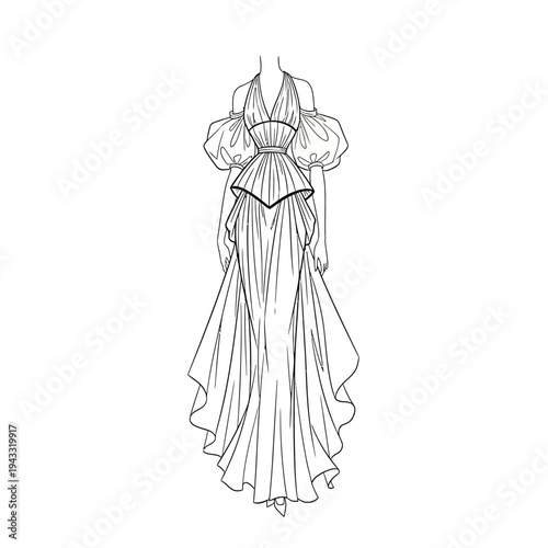 Elegant evening gown with a halter neckline, voluminous puffed sleeves, a fitted bodice, and a dramatic flowing skirt with a train.