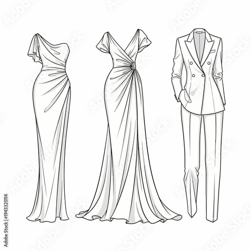 Elegant fashion illustration showcasing three distinct formal outfits: a one-shoulder draped gown, a V-neck wrap gown with flutter sleeves, and a tailored double-breasted pantsuit.