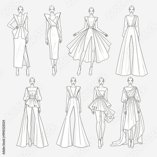 Collection of elegant fashion illustrations showcasing diverse avant-garde dress designs for women.