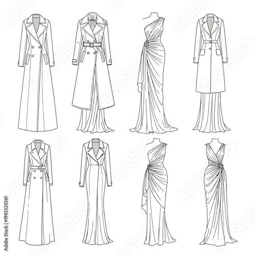 Collection of Fashionable Women's Outfits Illustrated in a Sketchy, Elegant Style.