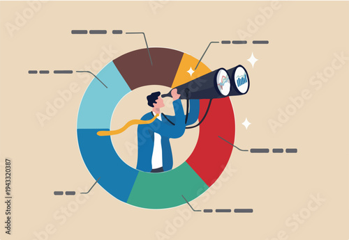 Marketing strategy, data analysis chart and graph, financial forecast or stock market diagram, research data or investment planning concept, businessman on pie chart looking thorough binoculars