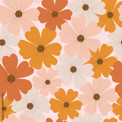 Seamless pattern with hand drawn cosmos flowers in retro orange and beige colors for textile and wallpaper design.