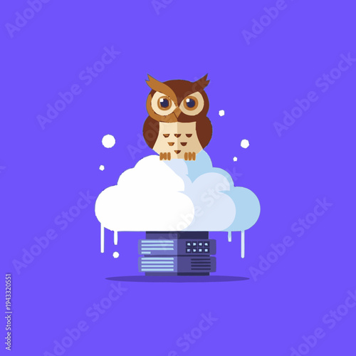 Wise owl mascot on a cloud server, representing cloud computing, data storage, and digital technology in a flat design illustration.