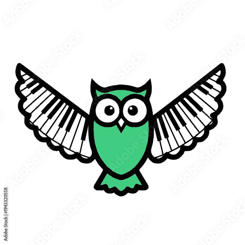Wise green owl cartoon with piano keyboard wings, representing musical intelligence, education, and creative arts