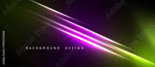 Abstract background features vibrant neon lines. Green, purple hues blend into dark space. Modern design element.