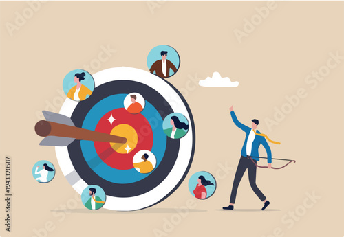 Target audience for advertising, HR finding candidate for job vacancy, finding customer or client, people focus group research concept, businessman shooting bow on people target bullseye