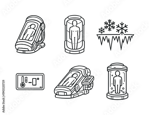 Line style vector icons of suspended animation chamber: cryogenic-capsule outline, patient-figure motif, freezing-effect icon,