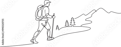 man tourist nature walk hike trekking lifestyle line art. one line Icon drawing