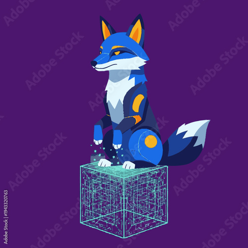 Vibrant blue fox character illustration on a glowing digital data cube, futuristic technology concept on purple background