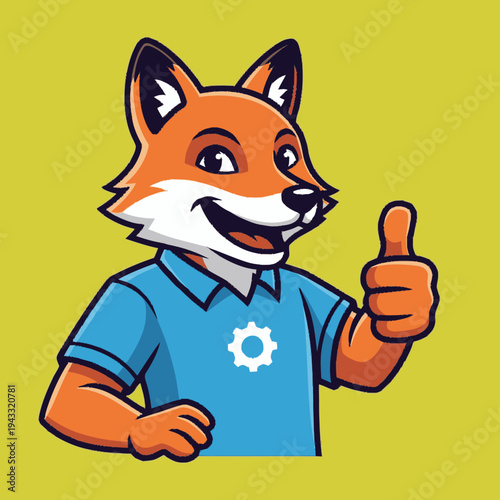 Cheerful cartoon fox mascot with a friendly smile, wearing a blue polo shirt with a white gear symbol, giving a positive thumbs up gesture