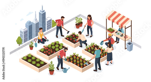 Community garden scene with diverse people working and selling produce