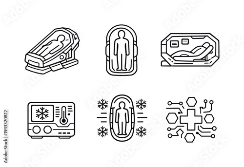 Line style vector icons of long-distance space stasis: cryogenic-chamber icon, human-silhouette motif, spaceship-cabin outline,