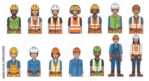 Diverse group of construction workers illustrated in a cartoon style