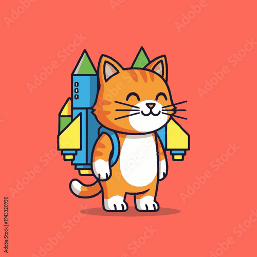 Cute cartoon ginger cat wearing a rocket jetpack backpack, smiling and ready for adventure. Flat vector illustration.