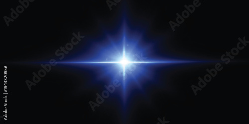 Bright Blue Lens Flare Effect. Abstract blue glow rays with soft illumination and light particles.