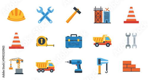 Construction tools and equipment in a colorful flat design illustration