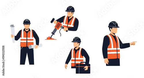 Construction workers in various poses demonstrate building and engineering roles