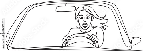 excited shocked female driver behind the wheel inside  car concept. one line Icon drawing