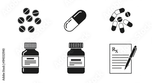 Black and white illustration of various medicine and pills