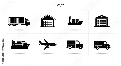 Collection of various transportation and storage icons in black