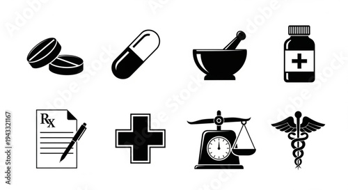 Black icons of medical and pharmacy symbols