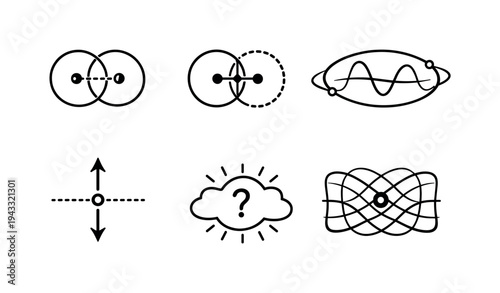 Abstract geometric shapes and symbols representing concepts like connection, motion, and uncertainty
