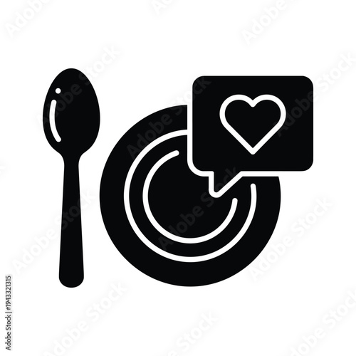 Spoon, Plate, and Heart Speech Bubble Icon: Love Food, Positive Dining Experience
