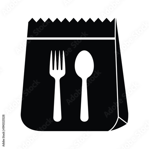 Black Takeaway Food Bag Icon with Fork and Spoon