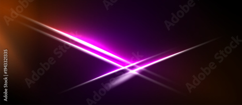 Abstract background features vibrant purple, orange light streaks. Bright lines intersect creating dynamic visual effect. Dark areas provide contrast.