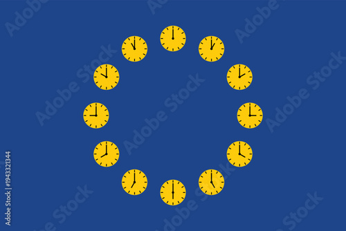 Flag of the European Union with 12 yellow clocks instead of stars on a blue background. Vector illustration for different time zones in Europe and daylight saving time in the EU. 