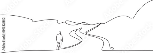 remote view of a person walking on the mountain road in nature. one line Icon drawing