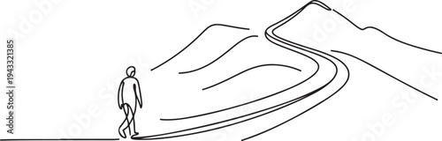 remote view of a person walking on the mountain road in nature. one line Icon drawing