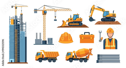 Construction equipment and tools illustration cranes excavators and safety gear