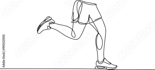 male legs in sneakers and shorts stand in profile, one leg raised - one line drawing. sports concept, running shoes, leg pain. one line Icon drawing